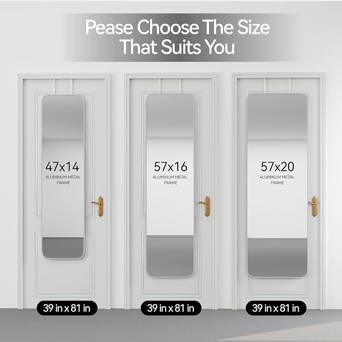SCWF-GZ 47x14 Full Length Mirror Over the Door Hang or Wall Mounted Silver | HD Clear Tempered Glass,Aluminum Frame Rect Full Body Dressing Make-up Mirrors for Bedroom,Bathroom, Entryway,Living Room