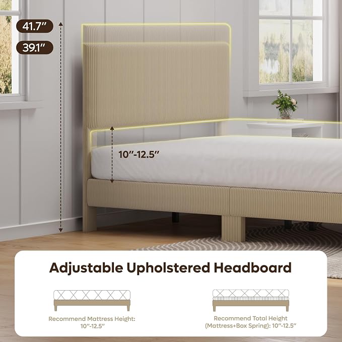 Bestier Full Size Bed Frame with Adjustable Headboard,LED Light,Taupe | Wood Slats Support,Easy Assembly,LED Lighting Headboard,No Squeaks,Vertical Channel Corduroy Upholstered,No Box Spring Needed