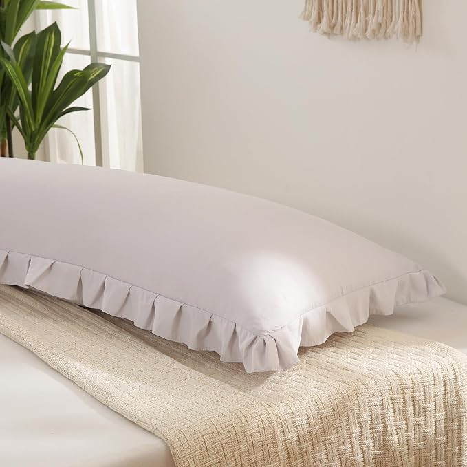 Beige Gray Body Pillow Cover 20x54inches Long Pillowcase Ruffled Pillowcases Shabby Chic Ruffled Fringe Decor Body Ruffled Pillow Sham Cute Pillowcase (1 Body, Beige Gray)