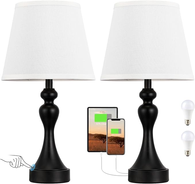 Touch Lamps for Nightstand, 3 Way Dimmable Bedside Lamps with USB C+A Ports | Touch Control, LED Bulb Included, Small Black Table Lamp for Bedroom, Night Stands, End Table, Gift，Corded，White Shade