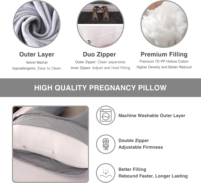 ALLOPERA Pregnancy Pillow, Full Body Maternity Pillow 57 inch, with Removable Washable Cover - Sleep Support for Legs, Back, Neck, Shoulder, HIPS, Belly for Pregnent Women, Velvet Cover(Grey)