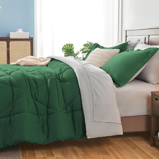 BEDELITE Full Comforter Set 7 Pieces, Reversible Dark Green Bed in A Bag | Soft All Season Down-Alternative Comforter, Sheets, Pillowcases & Shams, OEKO-TEX Certified Bedding for Bedrrom, Guest Room