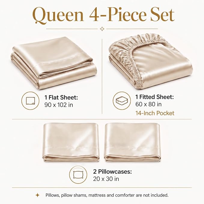 CozyLux Satin Sheets Queen, 4-Piece 14-Inch Deep Pocket Sheet Set | OEKO-TEX Certified Silky Soft Sheet Set for Hair & Skin, Luxurious Silky-Smooth Satin for Elegant Bedroom Decor, Champagne