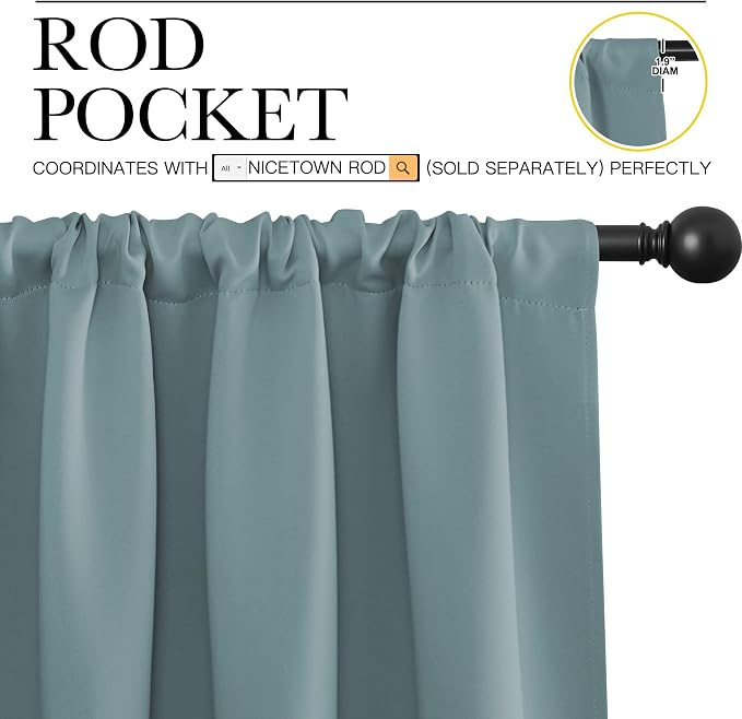 NICETOWN Kitchen Curtains, Greyish Blue, 34" x 40", Set of 2, Short Blackout Curtains & Drapes, Thermal Insulated Rod Pocket Window Treatment Draperies for Nursery