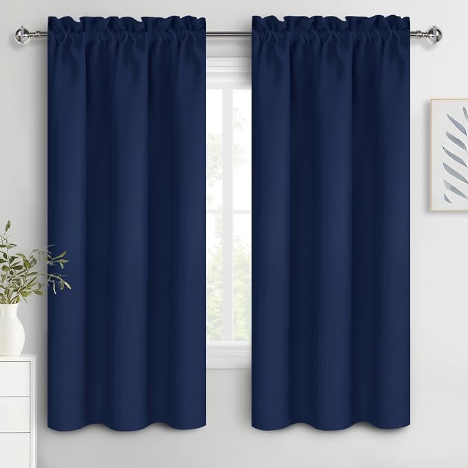 DWCN Blackout Curtains for Bedroom 38 x 63 Inch Long Navy Blue 2 Panels | Room Darkening, Thermal Insulated, Light Blocking, Rod Pocket Drapes, Noise Reducing Window Treatments