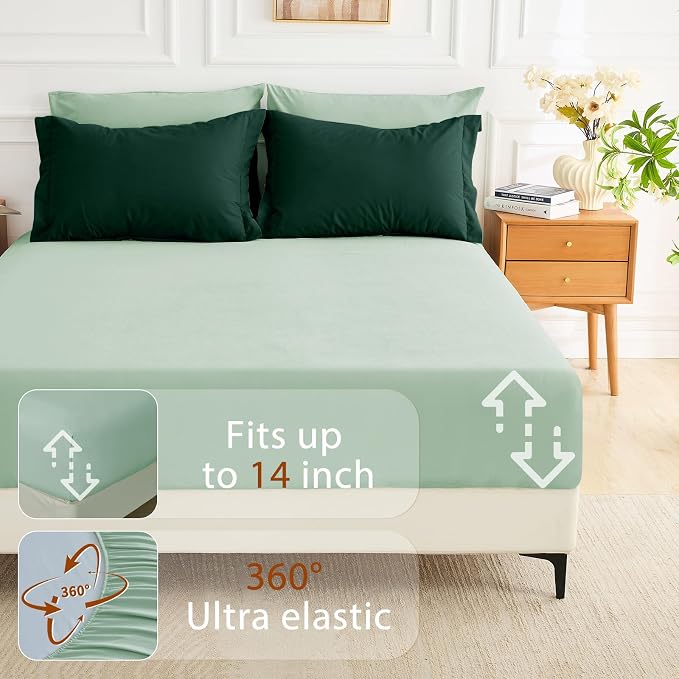 7 Pieces King Comforter Set, Soft Bed in a Bag King Size, All Season Bedding Set with Comforter, Flat Sheet, Fitted Sheet, Pillowcases & Shams, Forest Green & Sage Green