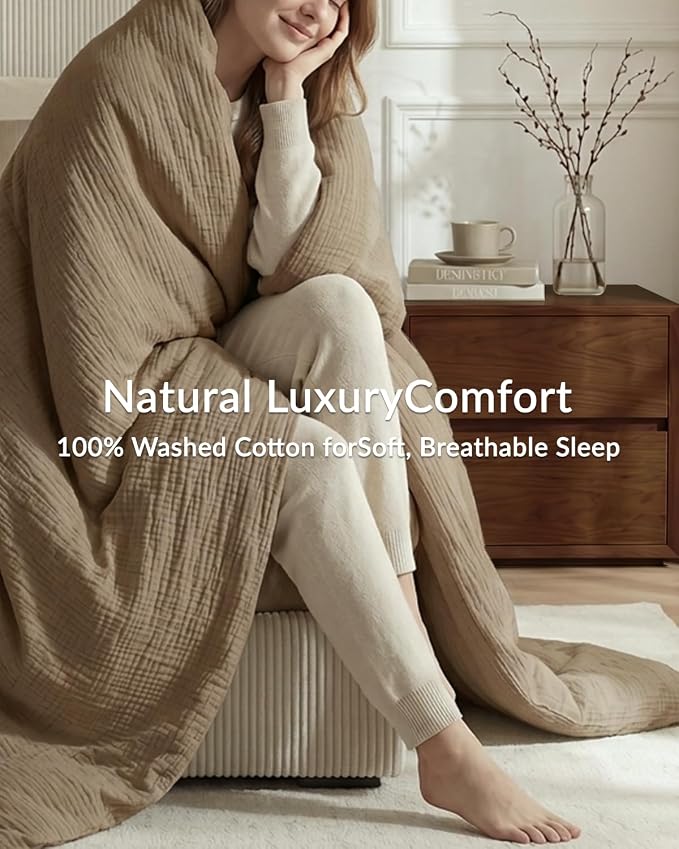 SE SOFTEXLY Muslin Duvet Cover Queen Size, 100% Washed Cotton Duvet Cover Set, Ultra Soft Comforter Cover Linen Like, 3 Pieces Minimalist Gauze Duvet Cover with 2 Pillowcases, 80"x90", Light Brown