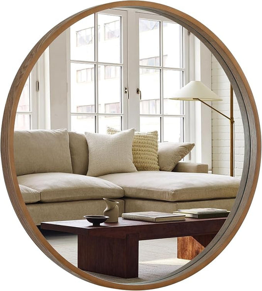 Round Wood Mirror, 32" Round Modern Decoration Large Circle Wall Mirror for Bathroom Living Room Bedroom Entryway, Walnut
