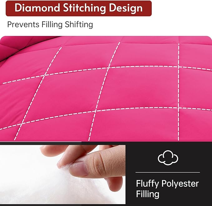 7 Pieces Full Comforter Set, Reversible Bed in a Bag Full Size, All Season Bedding Set with Comforter, Flat Sheet, Fitted Sheet, Pillowcases & Shams, Hot Pink & Baby Pink