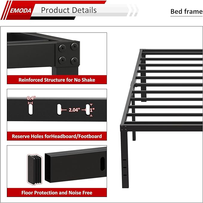 EMODA 20 Inch Queen Bed Frame No Box Spring Needed | Heavy Duty Metal Tall Platform Bed Frame Queen Size with Large Storage Space, Easy Assembly, Black