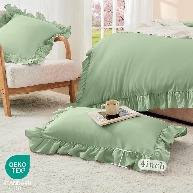 FUANNA Sage Green Duvet Cover Full Size 3 Pieces, Farmhouse Bedding | Ultra Soft 4-Inch Ruffle Duvet Cover Set with Corner Ties & 2 Pillow Shams, Vintage Bed Set for Women & Girls, No Comforter