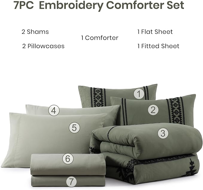 MaiRêve Embroidery Queen Comforter Set 7 Pieces Olive Green Bed in a Bag | Western Boho Farmhouse Bedding Sets with Comforter, Sheets, Pillowcases & Shams