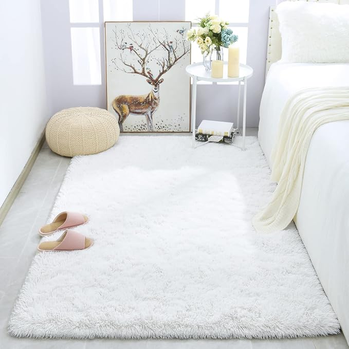 Soft Modern Indoor Shaggy Area Rug for Bedroom Livingroom Dorm Kids Room Home Decorative, Non-Slip Plush Fluffy Furry Fur Rugs Comfy Nursery Accent Floor Carpet 3x5 Feet, White