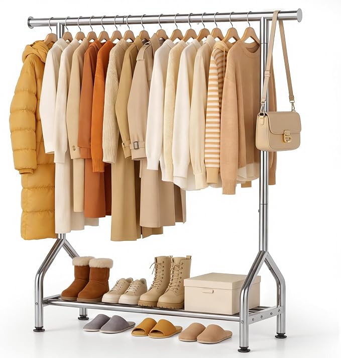 Sturdy Clothing Racks with Shelf, Metal Clothes Rack with Leveling Feet for Hanging Clothes, Freestanding Garment Coat Rack for Bedroom, Apartment & Small Spaces, Silver