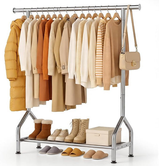Sturdy Clothing Racks with Shelf, Metal Clothes Rack with Leveling Feet for Hanging Clothes, Freestanding Garment Coat Rack for Bedroom, Apartment & Small Spaces, Silver