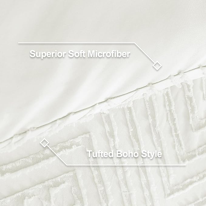 Litanika Queen Size Comforter Set, 3 Pieces Ivory Tufted Boho Bedding Set | Farmhouse Shabby Chic Vintage Bohemian Textured Aesthetic Soft Fluffy Lightweight Breathable All Season Bed Set for Queen Bed