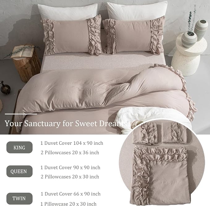 Bedorm Taupe Duvet Cover Set King Ruffle Bedding Set Pleat Ruffled Shabby Chic Comforter Cover Extra Soft & Easy Care Boho Duvet Cover with Zipper Closure