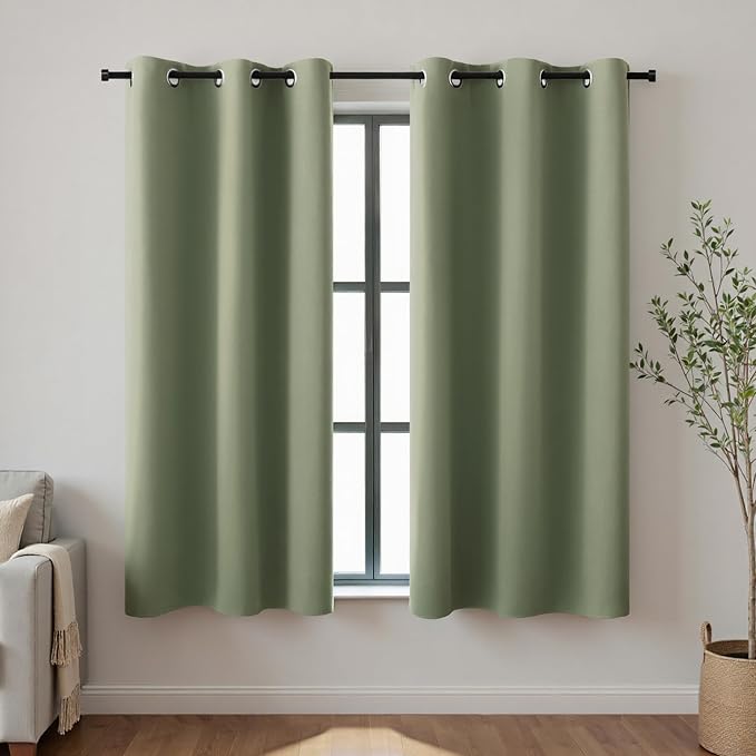 KOUFALL Short Curtains for Kitchen Window Over Sink,Blackout Thermal Cafe Curtain Dark Sage Green 45 Inch Length 2 Panels Set