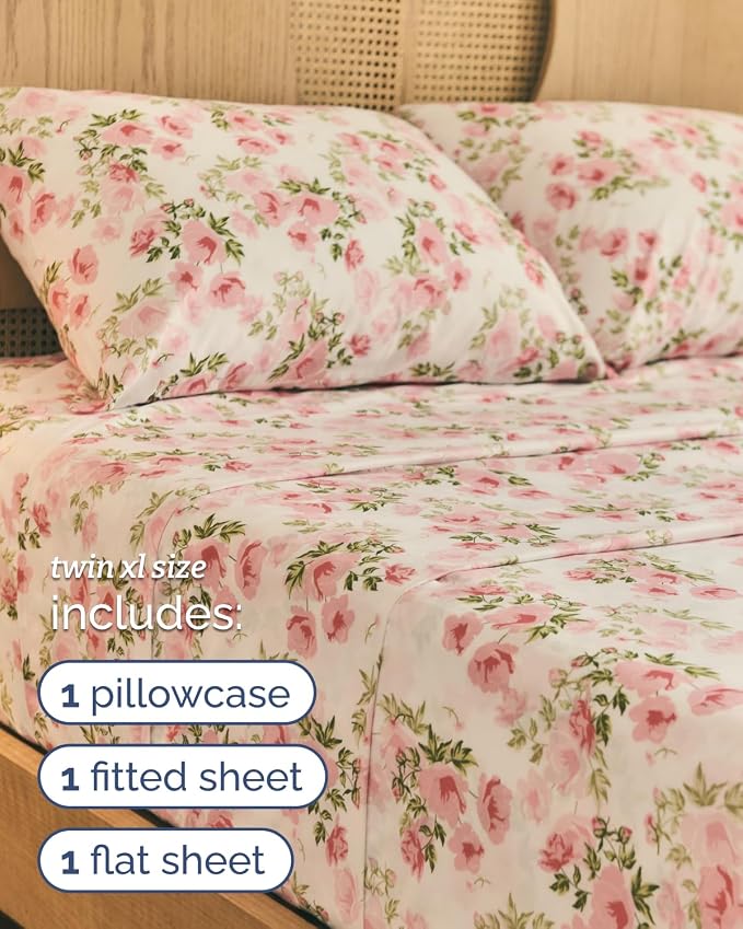 Twin XL 3 Piece Boho Botanical Floral Sheet Set - Soft & Cooling - Bloom | 1 Flat, 1 Fitted & 1 Pillowcase w/ Deep Pockets, Boho Botanical Floral Bedding, Breathable & Cooling, Wrinkle & Fade Free