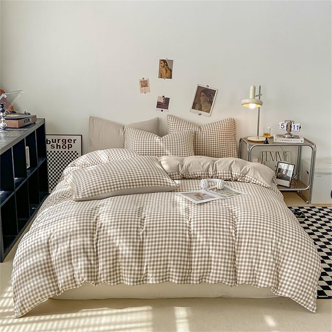 Nayoroom Gingham Duvet Cover Set Full Brown Tan Plaid Checkered Bedding | Reversible Farmhouse Dorm Bedding, Soft Breathable Washed Microfiber, All-Season Comfort, Hidden Zipper, 4 Corner Ties