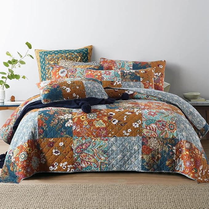 VISIMISI Cotton Bedspread Quilt Sets Reversible Bedding Coverlet Sets 3 Pieces Paisley Vintage Floral Yellow Blue Patchwork Bedspread, Queen Size
