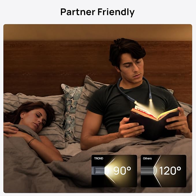 TROND LED Neck Reading Light, Bendable Neck Light for Reading, USB-C, Black | 3 Color 3 Brightness Book Light for Reading, Flexible Arm with Outdoor Warning Lamp, Eye-Caring for Crochet,Book Lovers Gifts