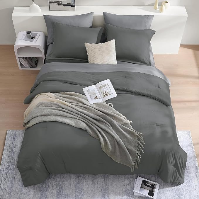 King Size Comforter Set- 7 Pieces Prewashed Bed in a Bag King Bedding Sets | Soft All Season Comforter with Sheets, Pillow Shams & Pillowcases,Grey