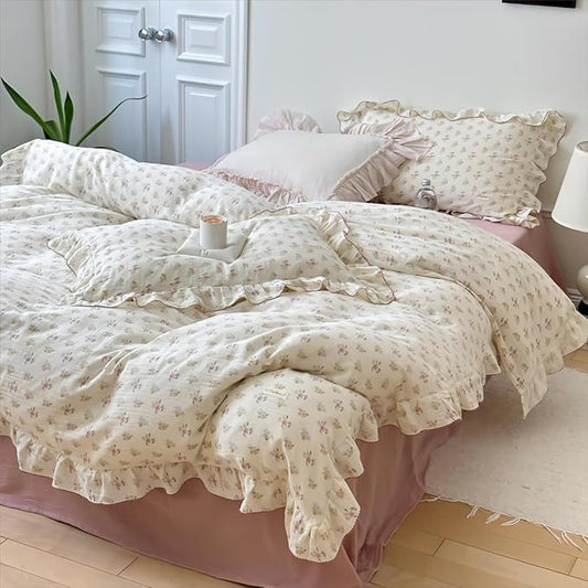 2-Layer Cotton Muslin Duvet Cover Full for Kids Girls Boys, Shabby Chic Floral Duvet Covers Beige Comforter/Quilt Cover with Ruffles, 79"x90", Azalea, No Pillow Cases