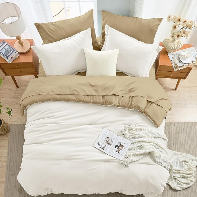 7 Pieces King Comforter Set, Soft Bed in a Bag King Size, All Season Bedding Set with Comforter, Flat Sheet, Fitted Sheet, Pillowcases & Shams, Ivory & Khaki