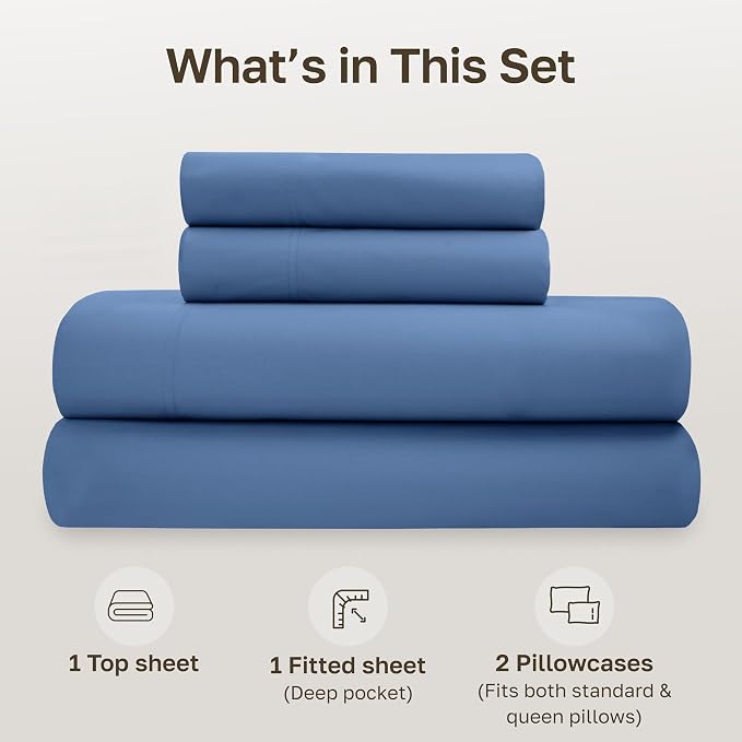 California Design Den 100% Organic Cotton Full Size Bed Sheets Set, 4 Pcs | GOTS Certified, Lightweight Crisp & Airy Percale For Hot Sleepers, 15" Deep Pocket, Durable, Easy Care - Riviera Blue