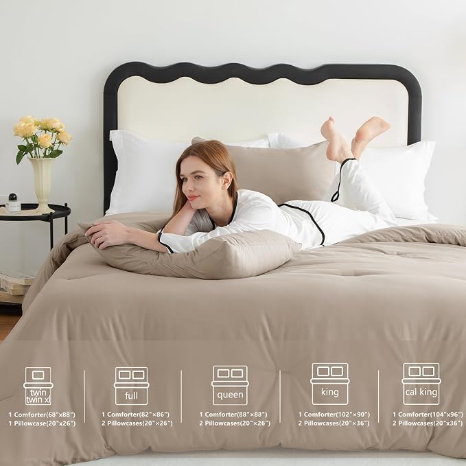 Queen Comforter Set, 3 Pieces Down Alternative Bedding, Khaki | 270 GSM All Season Comforter with 4 Corner Ties for Use as a Duvet Insert, OEKO-TEX Certified, 2 Pillowcases, 88 x 88 in