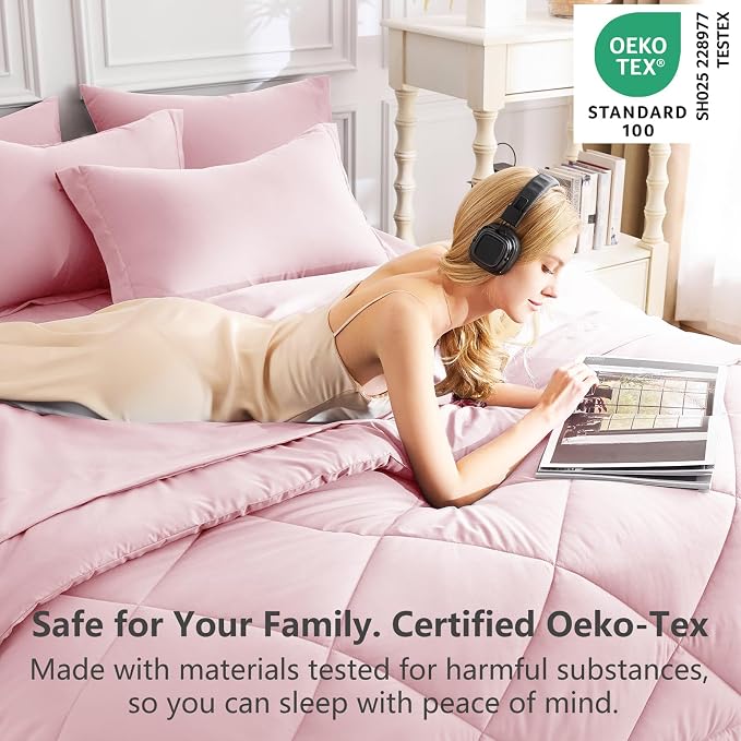 Queen Comforter Set with Sheets Pink - 7 Pieces Bed in a Bag | OEKO-TEX Certified, All Season, 240GSM Down-Alternative Comforter, Sheets, Pillowcases & Shams, 14" Deep Pocket, Easy Care