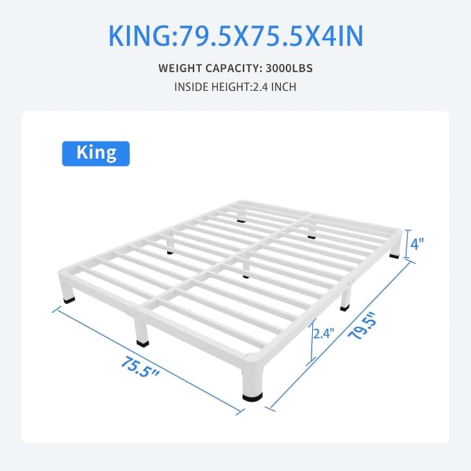 MAF 4 Inch King Metal Platform Bed Frame White with Round Corner Legs | Mattress Slide Stopper, 3000 LBS Heavy Duty Steel Slats Support, Noise Free, No Box Spring Needed, Easy Assembly, Anti-Slip