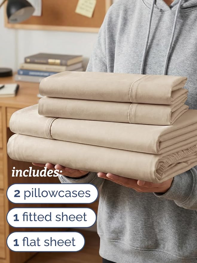 Twin XL 4 Piece Sheet Set - College Dorm Room Essentials - Cream | Ultra Soft Dorm Bedding Set, 8" to 16" Inch Deep Pockets, 1 Flat & 1 Fitted Sheet & 2 Pillowcases, Wrinkle & Fade Free