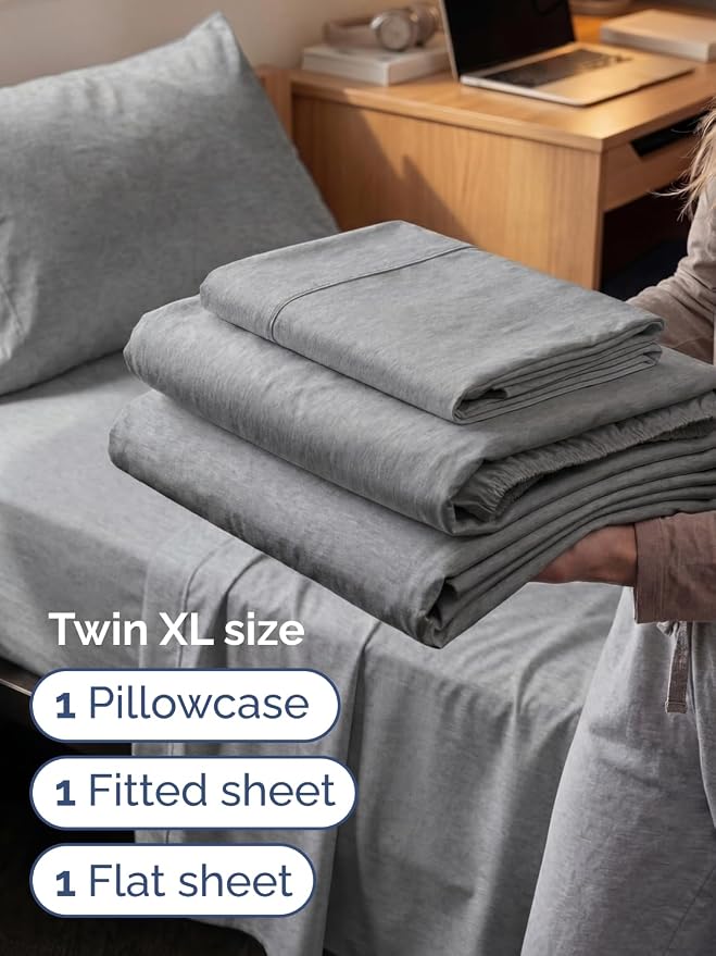 Extra Deep Twin XL Sheet Set - 3 Piece College Dorm Room - Heathered Grey | Soft, Breathable & Cooling, Easily Fits 18 to 24 inch Mattress, Wrinkle Free & Fade Resistant with Extra Deep Pockets