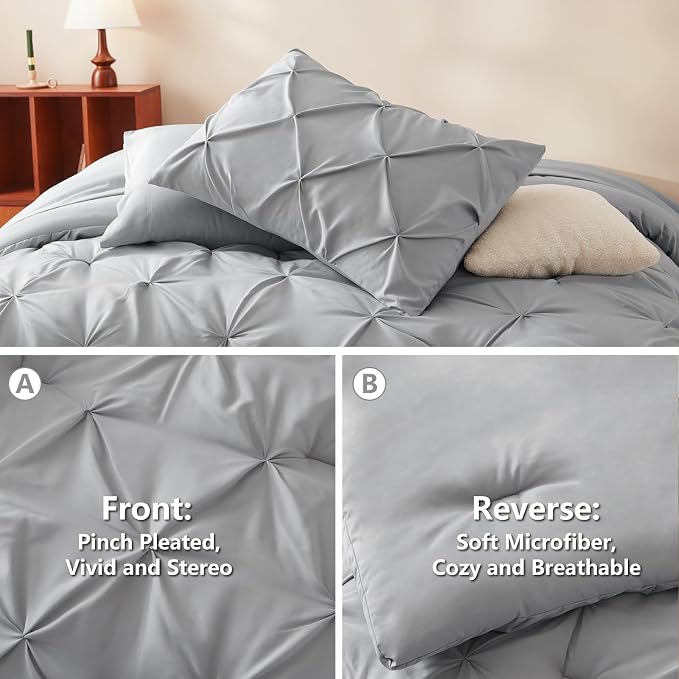 HIMEET King Size Comforter Set Light Grey - 7 Pieces Pintuck Bed in a Bag | OEKO-TEX Certified, 240GSM Down Alternative Comforter, 14" Deep Pocket Fitted Sheet + Flat Sheet + 2 Pillowcases + 2 Shams