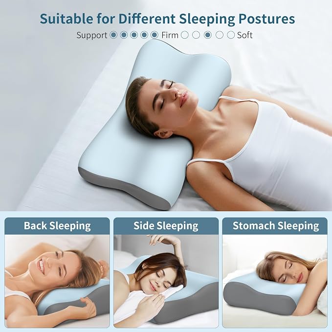 Cervical Neck Pillow, Contour Memory Foam Pillows for Neck Pain Relief, Ergonomic Pillow for Sleeping, Orthopedic Bed Pillow Neck Support Pillow for Side Back Stomach Sleepers(Blue&Grey)