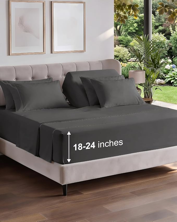Extra Deep Flex Top Split Head King Sheet Set - 6 Piece Breathable and Cooling Sheets - Hotel Luxury Bedding for Women, Men, Kids & Teens - Easy Secure Fit - Extra Deep Pockets - Charcoal