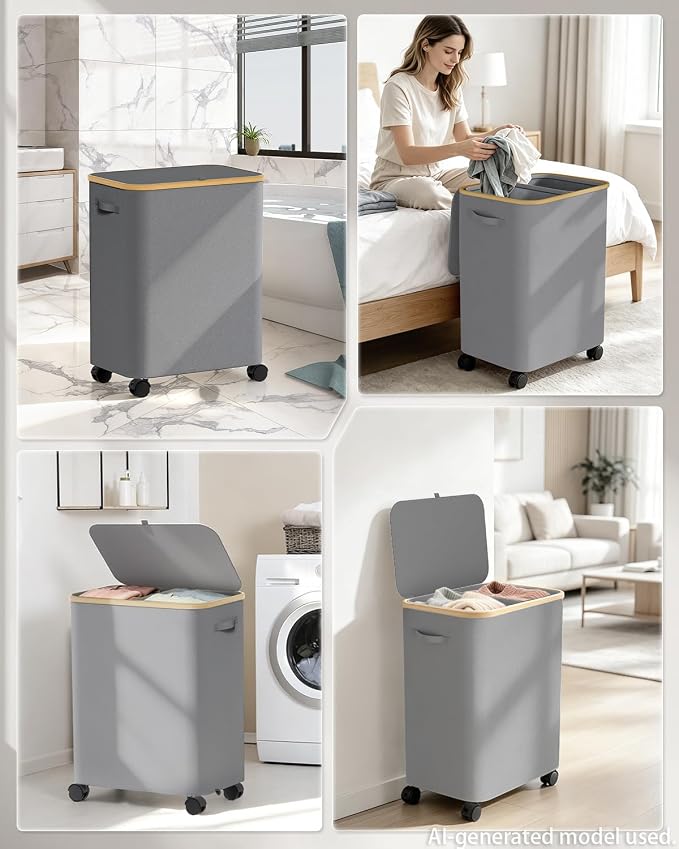 Double Laundry Basket with Wheels and Lid, 150L Clothes Hampers for Laundry | Large Laundry Hamper with 2 Sections & Removable Liner Bags, Rolling Dirty Clothes Basket for Bedroom Bathroom Dorm College