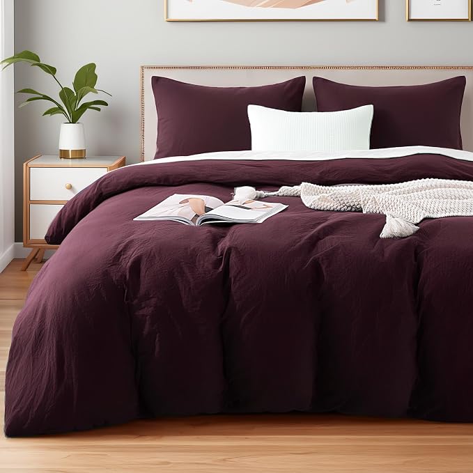 NEXHOME PRO Duvet Cover Set 100% Washed Cotton Full Size Linen Feel Textured Organic Natural 3 Pieces Bedding Set with Zipper Closure and Corner Ties, Breathable and Soft (Burgundy Red, No Comforter)