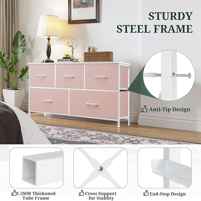 5-Drawer Dresser for Bedroom, Anti-Tip Wide Storage Organizer Fabric | Chest of Drawers TV Stand for 45" TV with Wooden Top and Metal Frame for Closet, Living Room, Hallway, Entryway, Pink