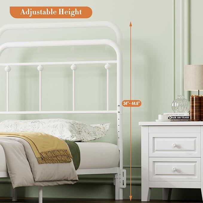 Victorian Metal Twin/Twin XL Headboard, Adjustable Height, White | Sturdy Steel Twin Size Head Board Only, Bed Frame Brackets Adapter, Farmhouse Vintage Style, Easy Assembly