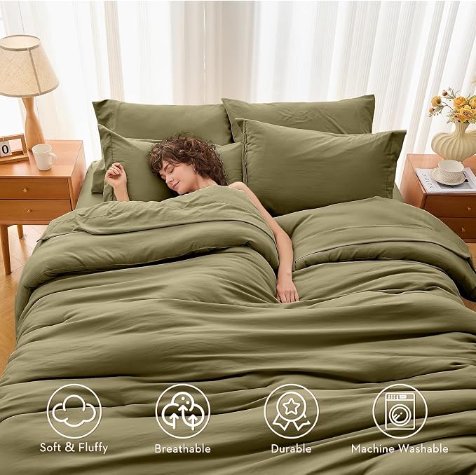 7 Pieces California King Comforter Set, Soft Bed in a Bag Cal King Size, All Season Bedding Set with Comforter, Flat Sheet, Fitted Sheet, Pillowcases & Shams, Olive Green