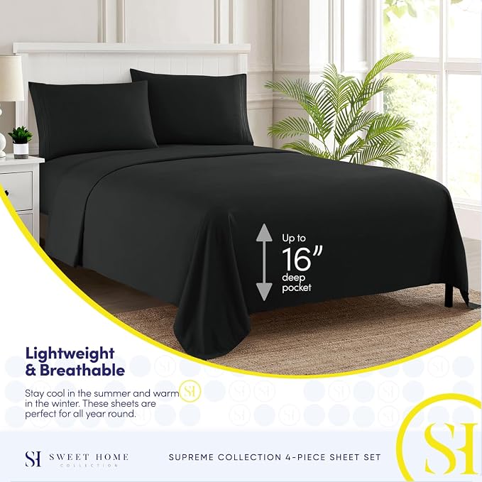California King Sheet Sets - Breathable Luxury Sheets with Full Elastic & Secure Corner Straps Built In - 1800 Supreme Collection Cal King Deep Pocket Bedding Set, Sheet Set, California King, Black