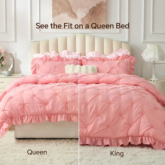 BEDELITE King Comforter Set Ruffle-Pink,Lightweight & Soft Comforter | Pintuck Boho Bedding, Warm & Cute Bed Set for All Season,With 2 Pillowcases