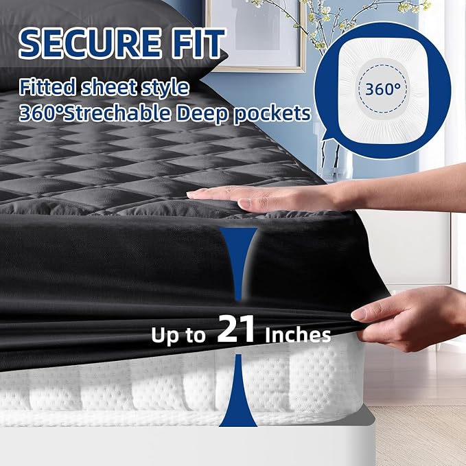 Twin XL Mattress Protector Waterproof, Fitted Deep Pocket 8"-21", Black | Breathable Waterproof Mattress Pad Cover, Soft Noiseless Mattress Cover Washable Cooling for Home Hotel Bedroom