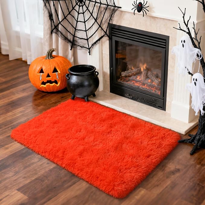 Fluffy Rug Shaggy Area Rug, Orange Red 2x3 Small Rugs for Fireplace Holiday Dearations, Mini Fuzzy Plush Kids Bedside Rug, Soft Non-Slip Entryway Throw Rugs Shag Catpet for Living Room