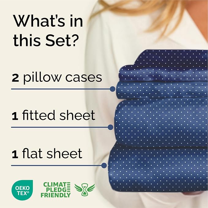 Queen 4 Piece Striped Sheet Set - Breathable & Cooling - Navy Microdots | 1 Flat, 1 Fitted & 2 Pillowcases w/ Deep Pockets, Luxury Striped Bedding, Soft, Breathable & Cooling, Wrinkle & Fade Free