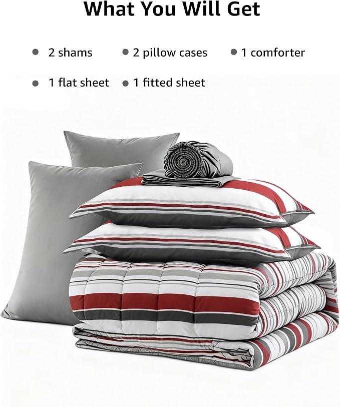 Monbix King Size Comforter Set, 7 Pieces Soft Bed in a Bag King Bedding Set | Red and Black Striped Reversible All Season Comforter Bed Set with Sheets, Pillowcases & Shams