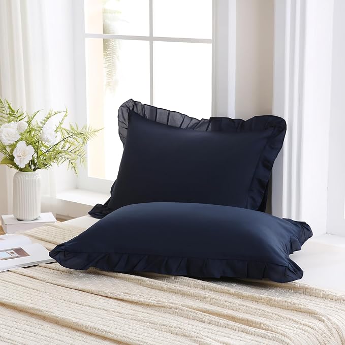 Merryword Navy Pillow Shams Navy Blue Ruffle Standard Pillowcases Cute Pillow Cover Set of 2 Shabby Chic Soft Microfiber Pillowcases 2 Pack